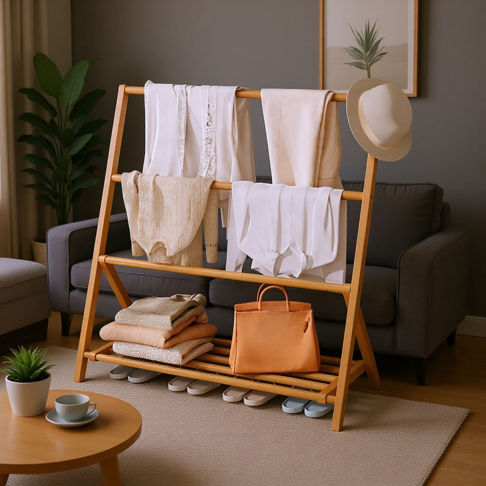 竹制折叠室内衣帽架 晾衣架  シンプル オシャレ 简易衣架 天然材质 无异味 方便收纳 一人暮らし 新生活応援