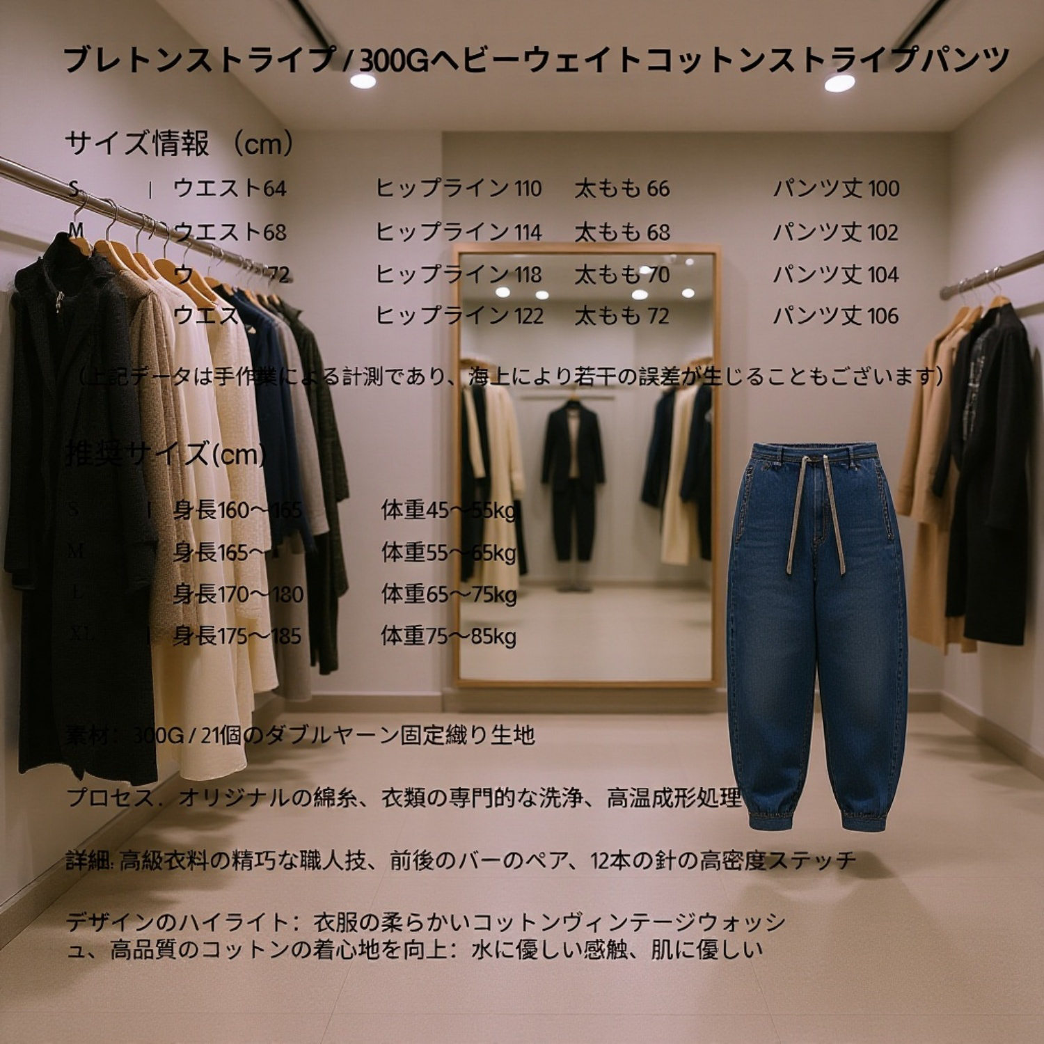 300g厚手コットン製スウェットパンツ・マリンボーダー・ヴィンテージメンズ・ゆったりジョガーパンツ