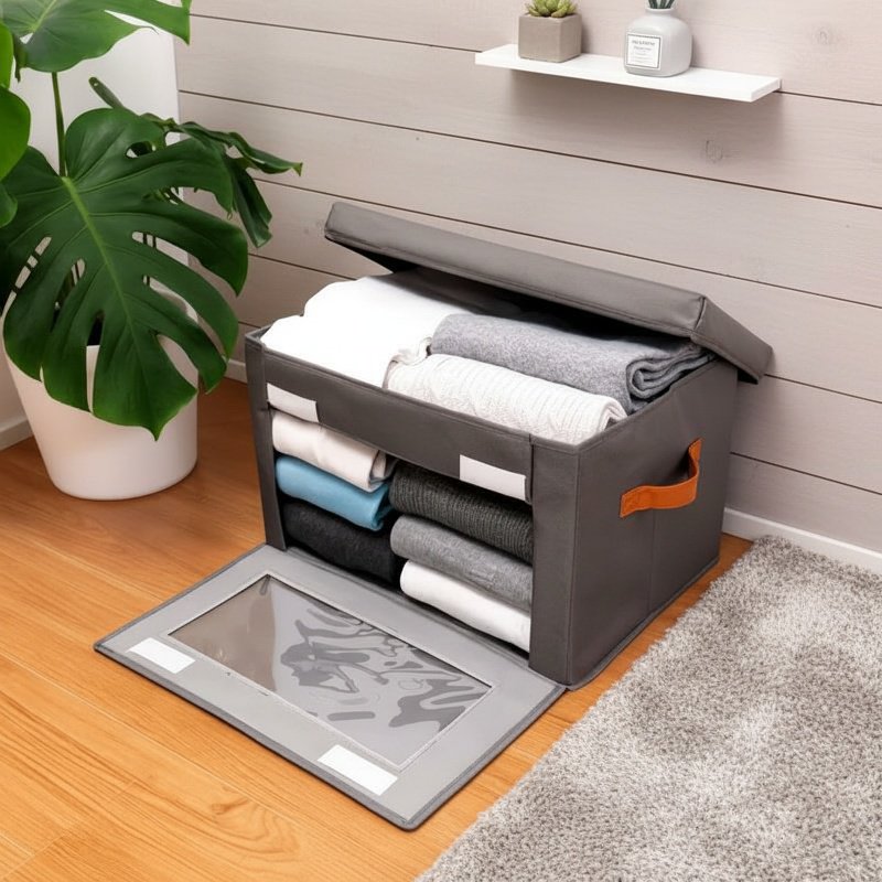 Folding storage box with lid for wardrobe organization