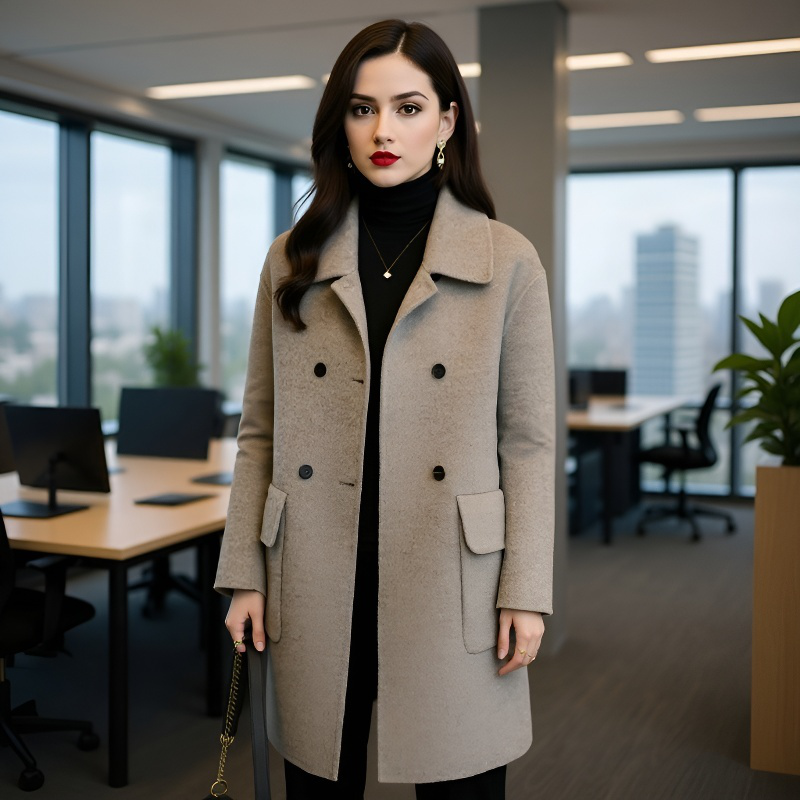 韓国風スリムフィット中長丈ウールコート レディース