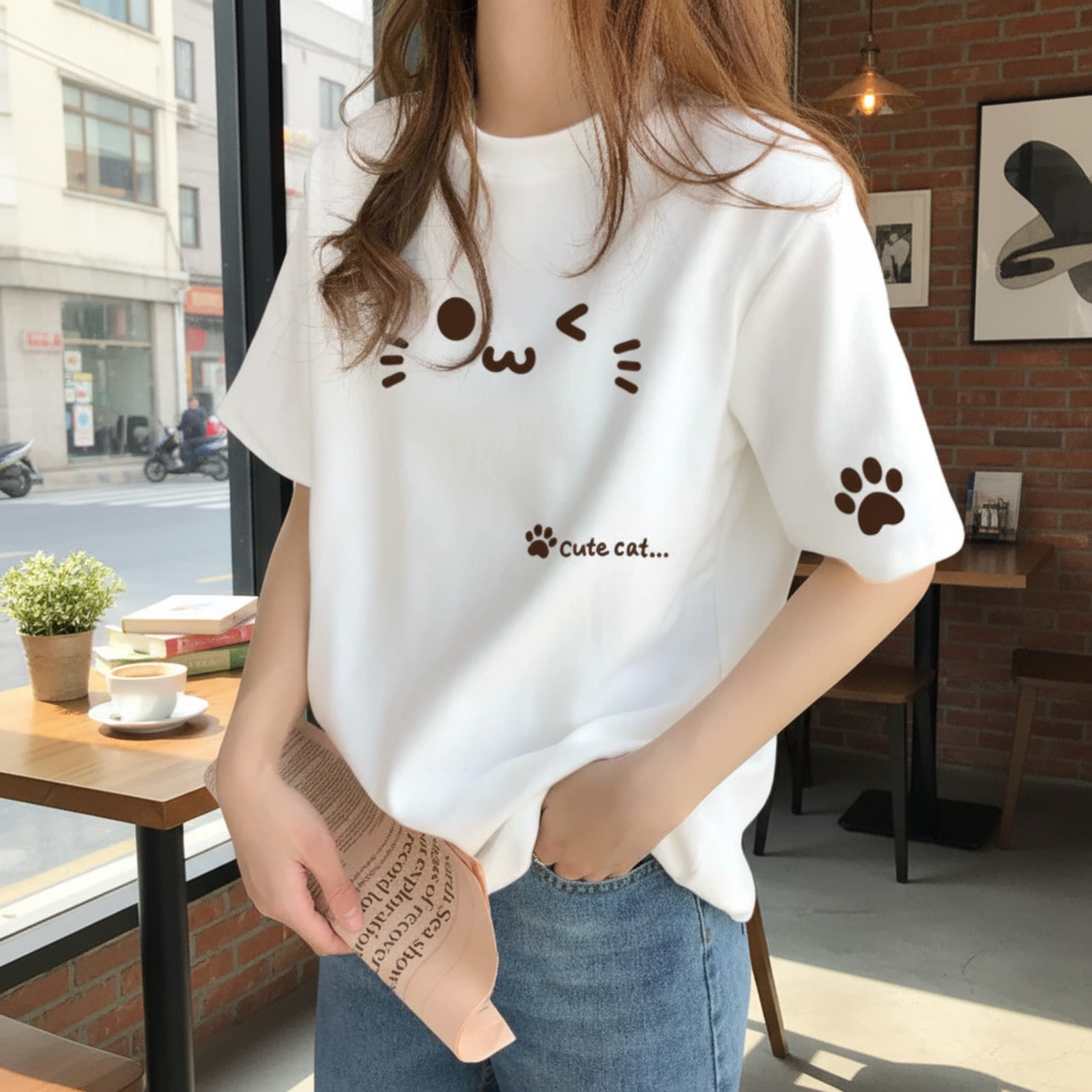 デザイン感のある レディース コットン ベージュ インナーTシャツ