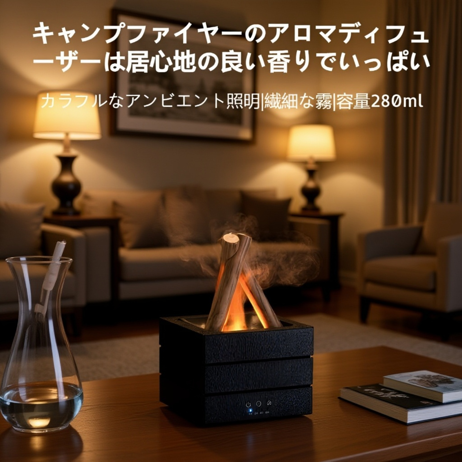 カラフル炎ランプ付きUSBデスクトップ加湿器