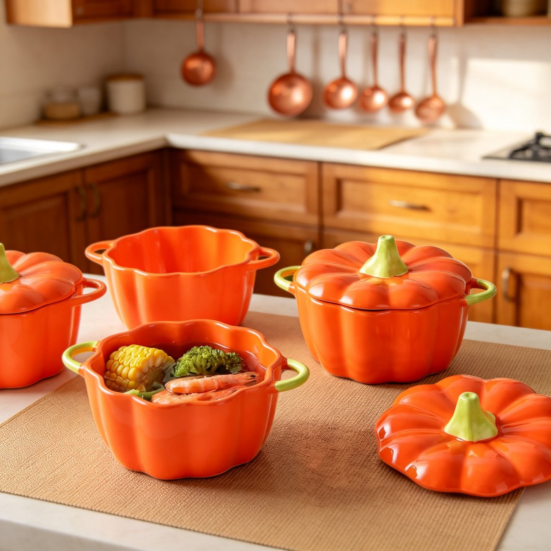 Kürbisförmige Keramikschüssel mit Deckel und zwei Griffen, niedrig glasiert