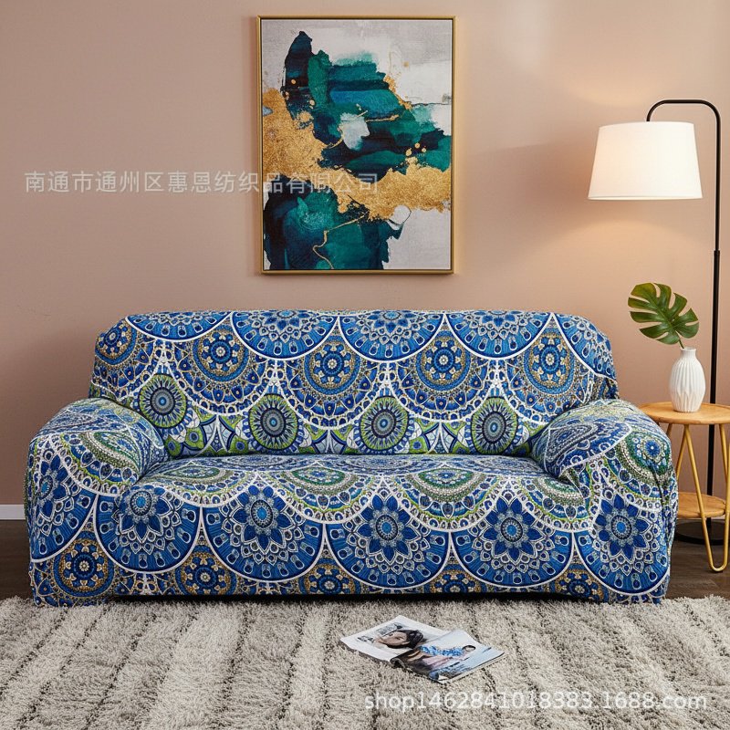 Close-up of stretchy boho fabric sofa cover