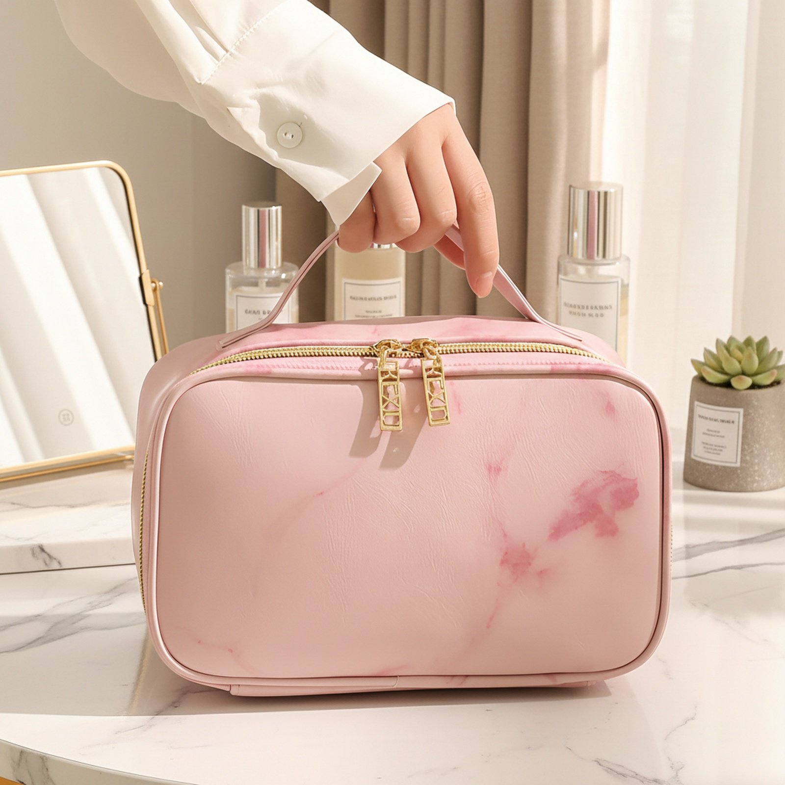 Large Travel Bag with Marble Pattern Makeup Pouch