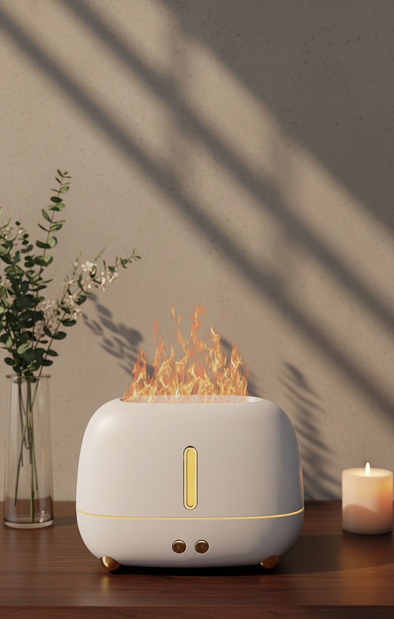 Humidificador con llama simulada y luz LED de siete colores