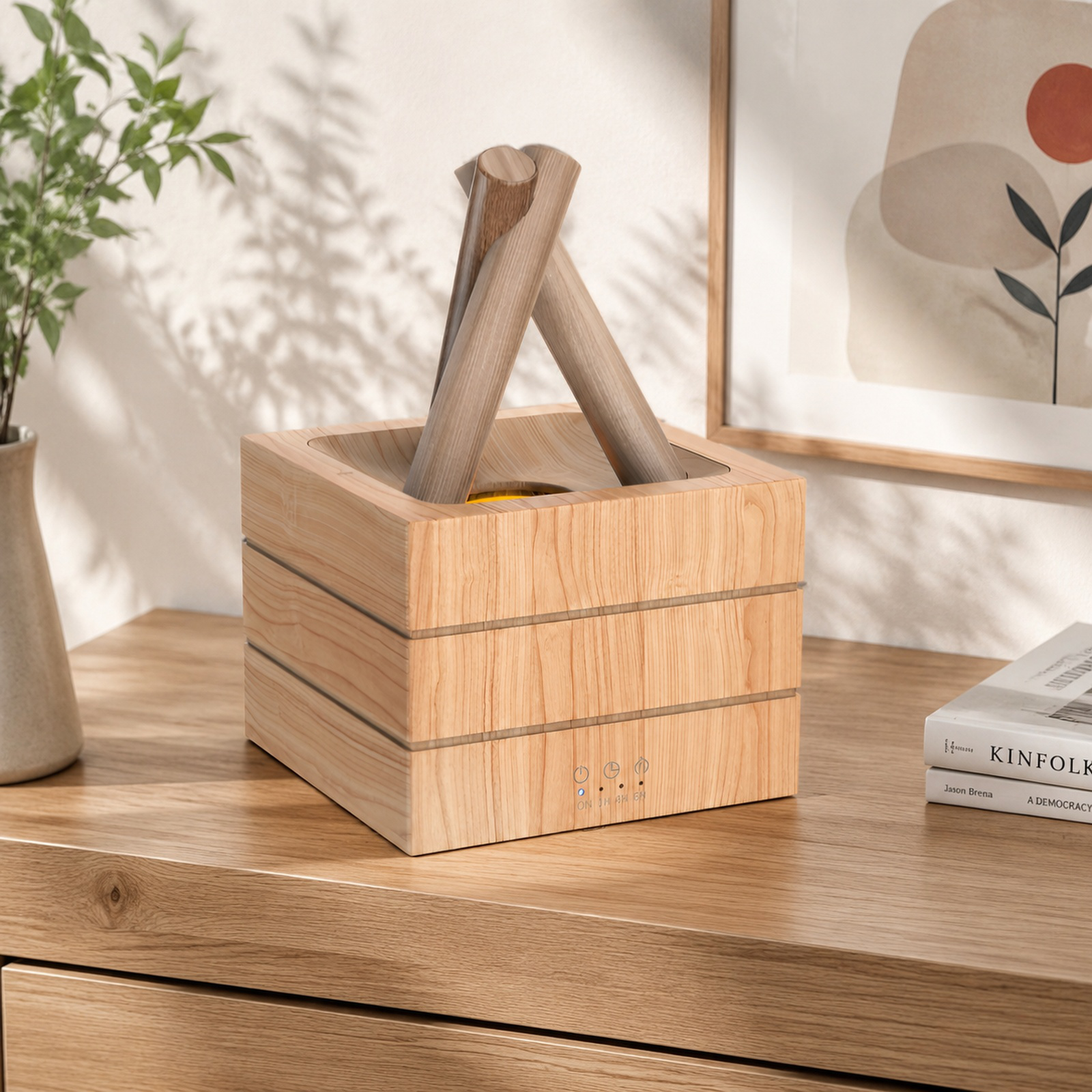Home interior with stylish bonfire essential oil diffuser