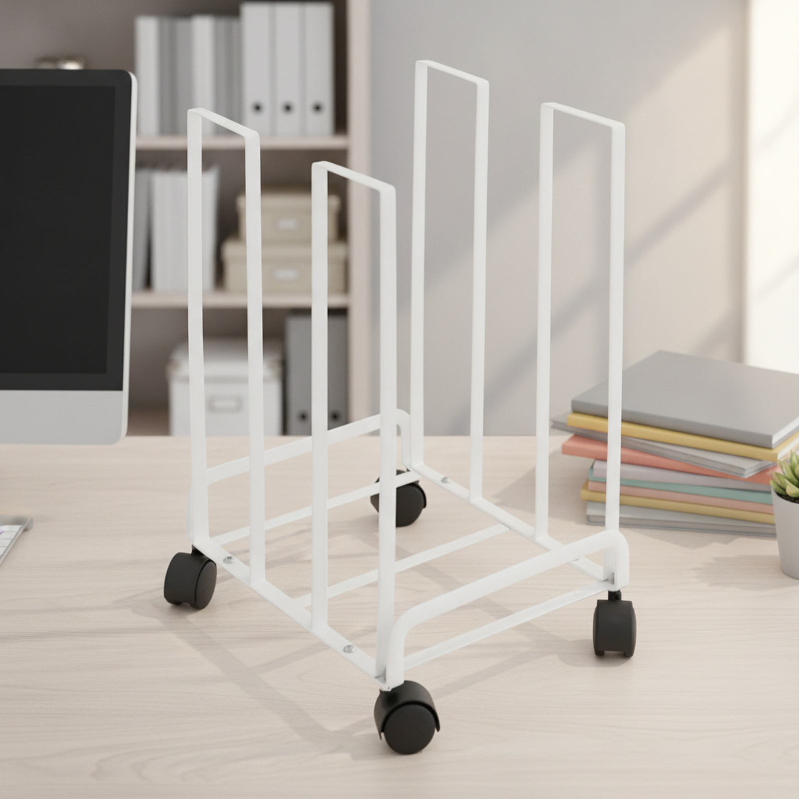 Cardboard organizer rack holding books and decor