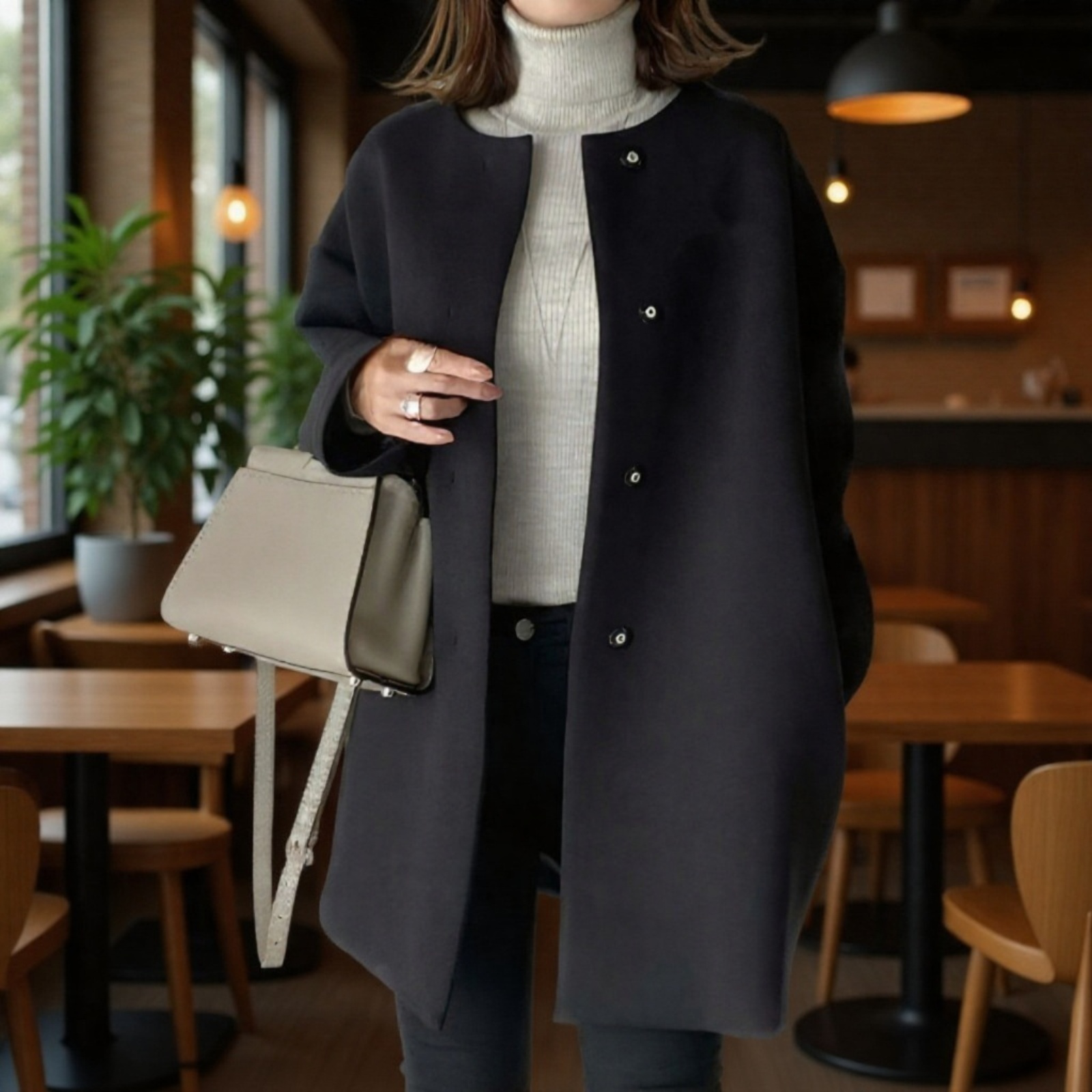 프리미엄 여성 가을 겨울 루즈핏 모직 코트 착용샷