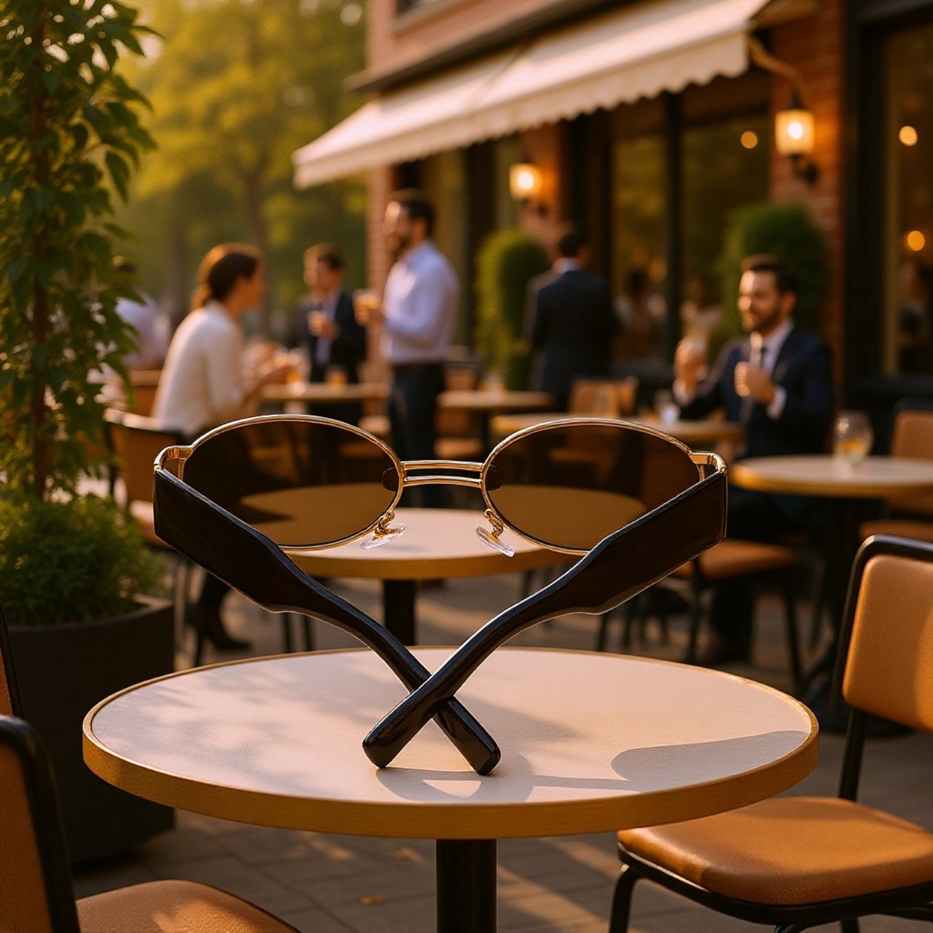 Model wearing retro small frame sunglasses outdoors
