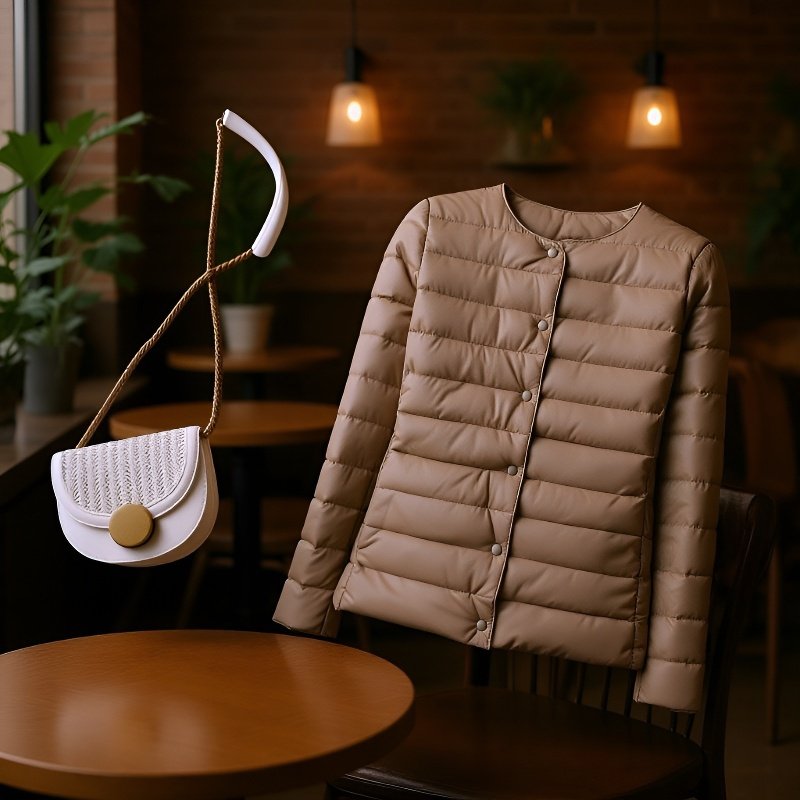 シンプルな襟なしデザインのダウンジャケット