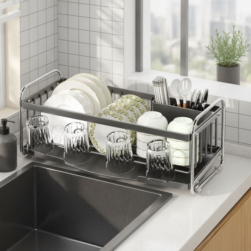 Organized kitchen utensils with knife and chopstick holder rack
