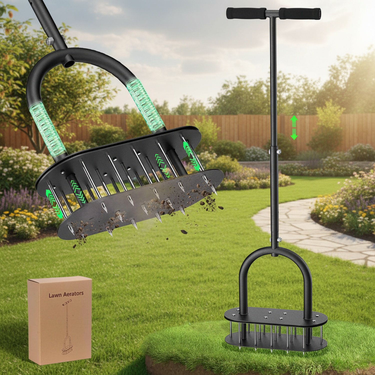 Carbon steel lawn loosener, garden aerator, soil perforator