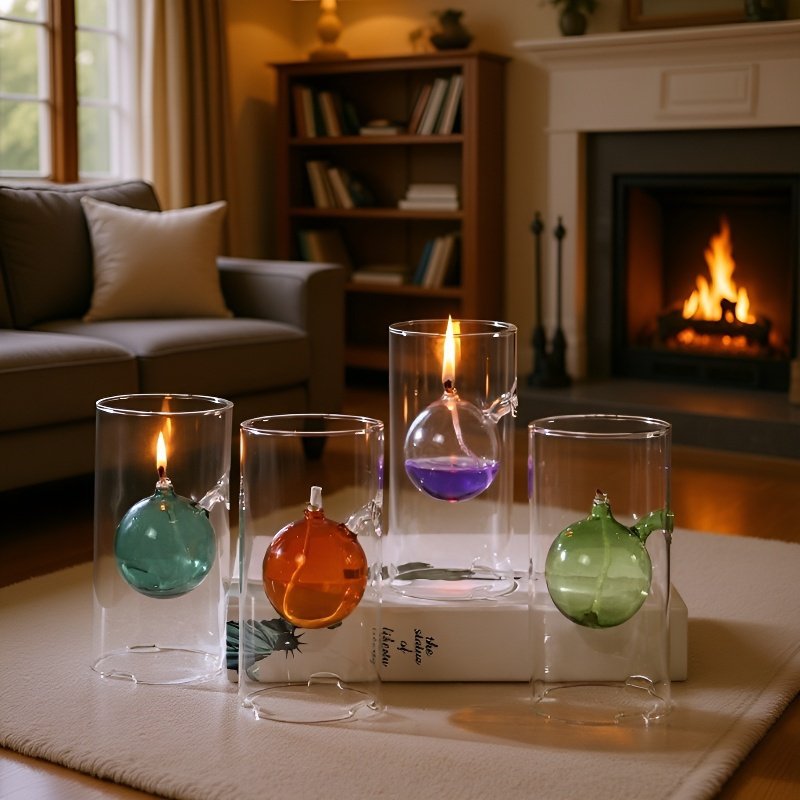 Velas de vidrio decorativas encendidas en una mesa de boda romántica