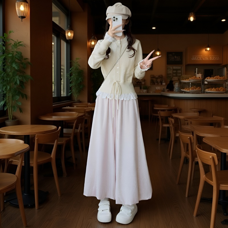 하이웨이스트 루즈핏 니트 누룽지 스커트팬츠