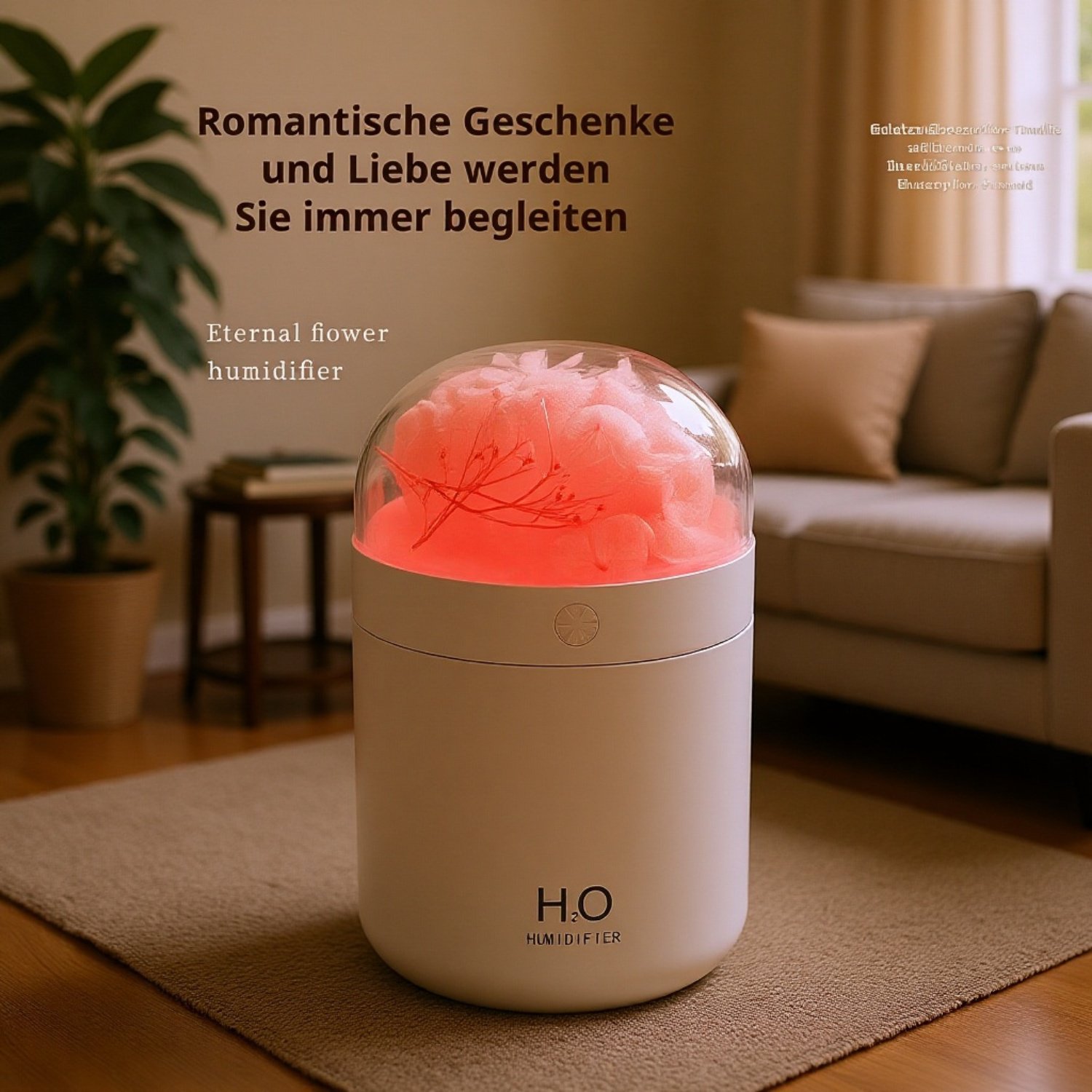 Mini Luftbefeuchter mit ewigen Blumen und LED-Licht