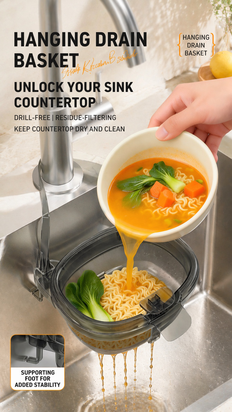 JMY Hanging Kitchen Sink Drain Basket installed on faucet