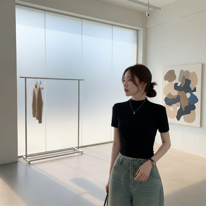 쇼트 이너 슬림 반폴라 학생 이너 주름 반팔 티셔츠 여자 이너 반폴라 슬림 반팔 셔츠