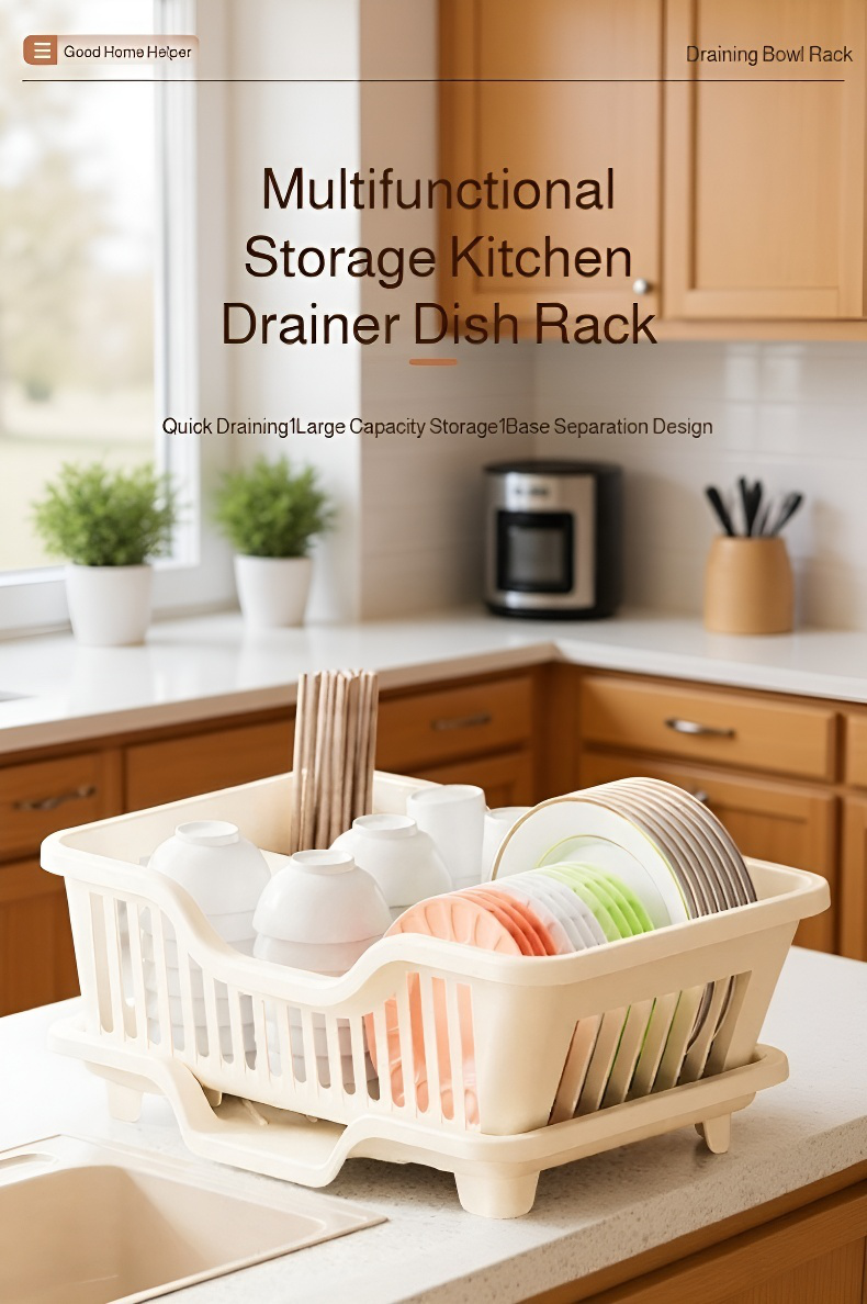 Stainless steel dish drainer rack on kitchen counter