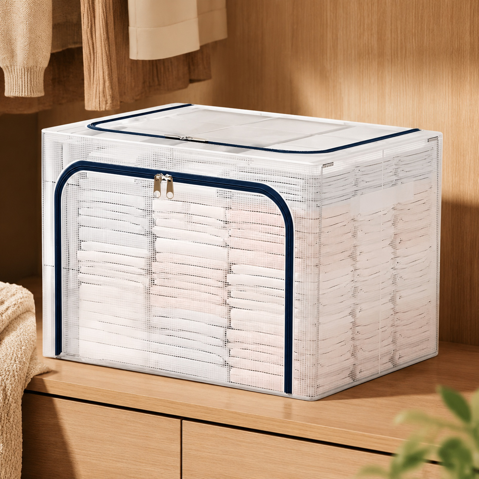 Aufbewahrungsbox mit transparentem Design und Stahlrahmen