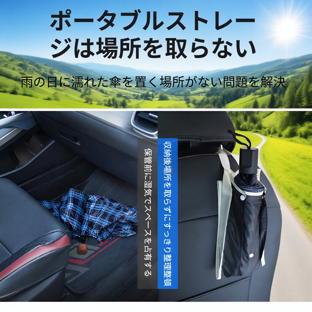 車の椅子背面に装着した傘収納袋