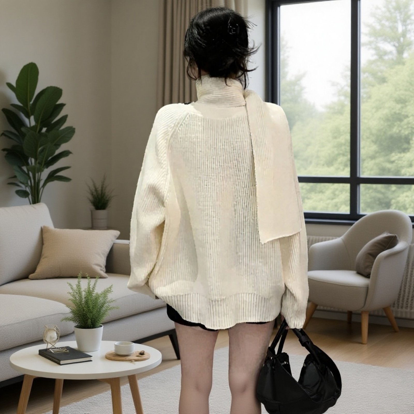 2025年新作 取り外し可能なスカーフ付きVネックセーター レディース 秋冬 ゆったりとしたハイエンドニットトップス