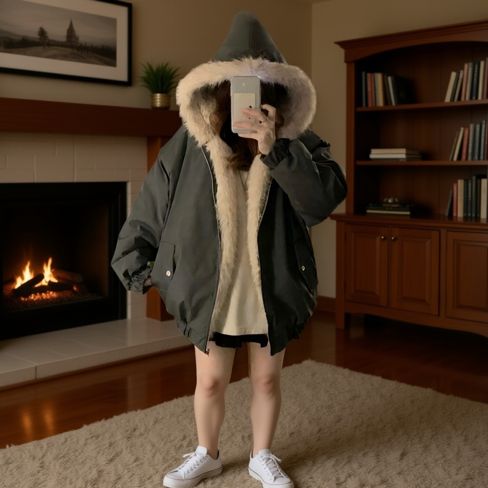 여성 아메리칸 스트리트 패딩 쇼트 양면 도톰한 코트 퍼 후드 패딩 겨울 기모 코트