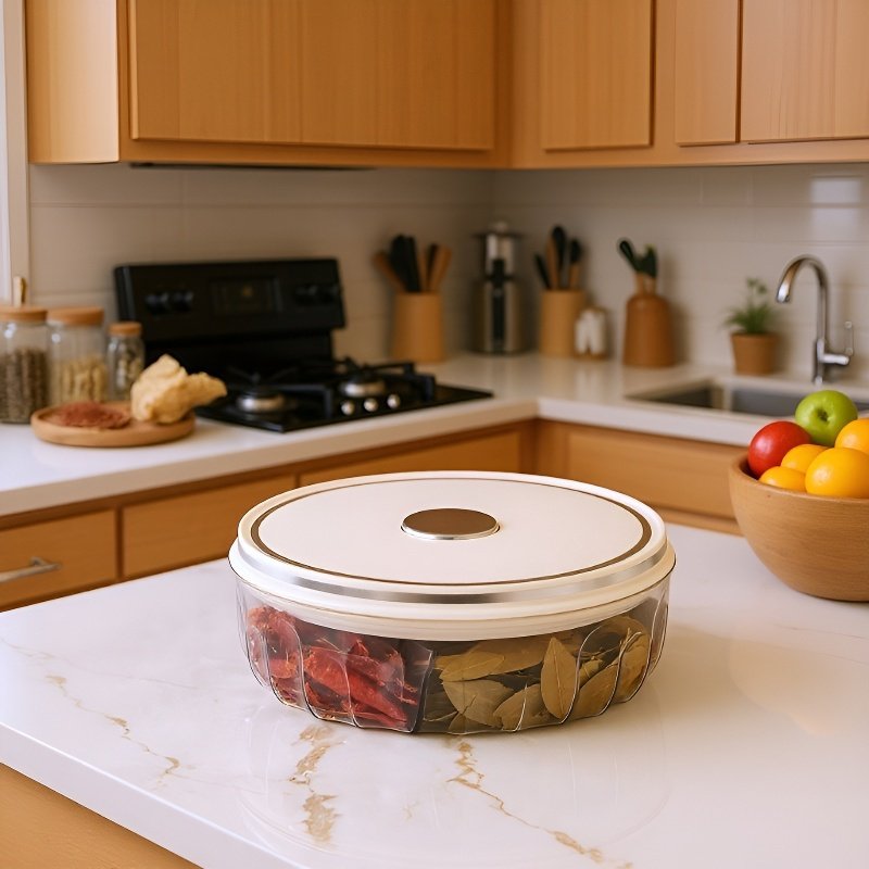 Recipiente hermético transparente para almacenar condimentos en la cocina del hogar.