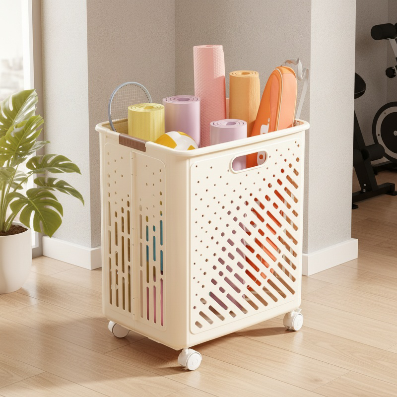 Home Fitness Equipment Storage Frame with Wheels Movable Yoga Mat Tool Storage Basket