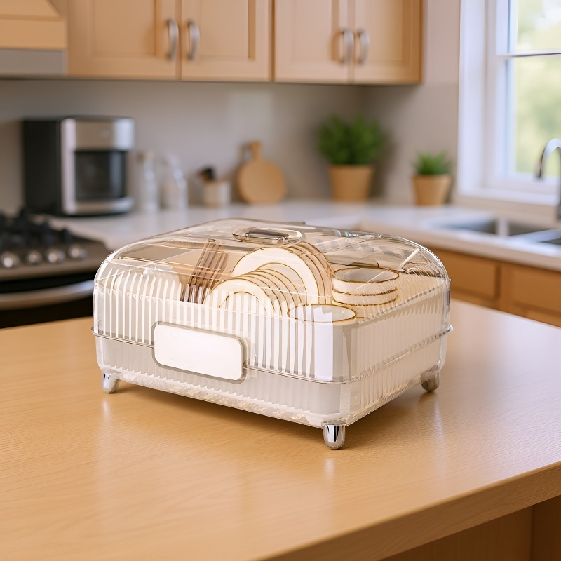 라이트 럭셔리 주방 물빠짐 그릇 선반 대용량 수납함 방진 뚜껑 달린 탁상 그릇 수납 정리기