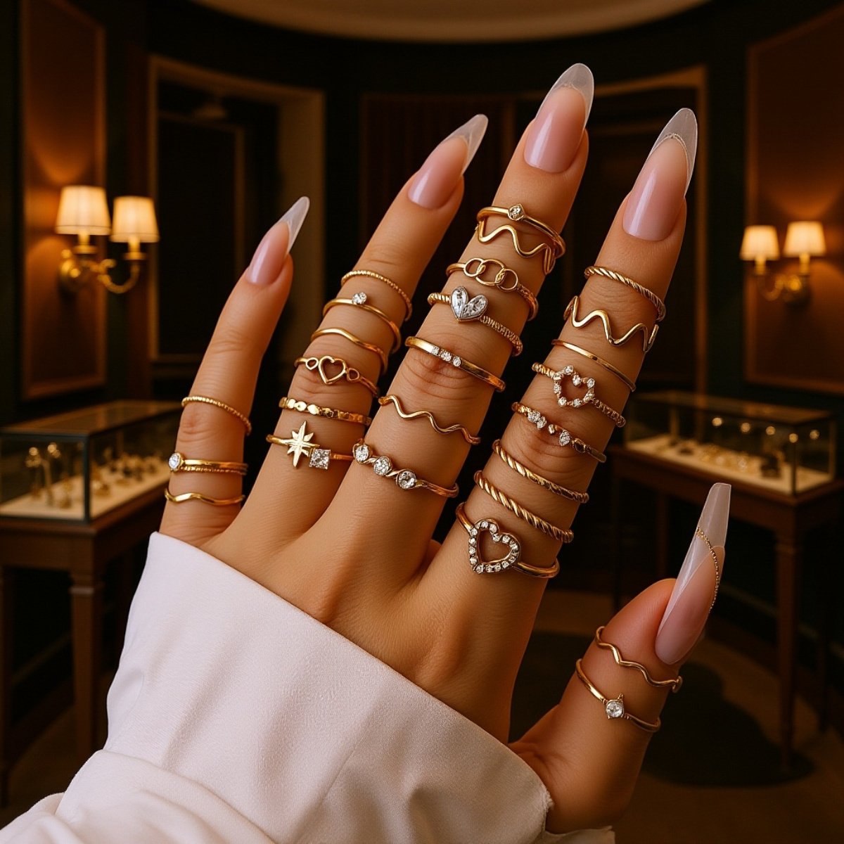 28dílná sada prstenů s diamantem, srdcem a vlnovým vzorem, zlatý geometrický styl