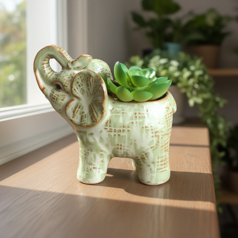 Lucky Elephant Ceramic Flower Pot for Succulents
