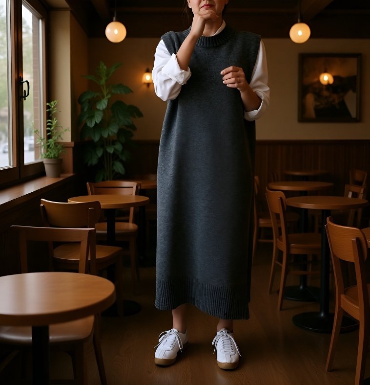 베스트 롱 니트 스커트 착용 여성 모델
