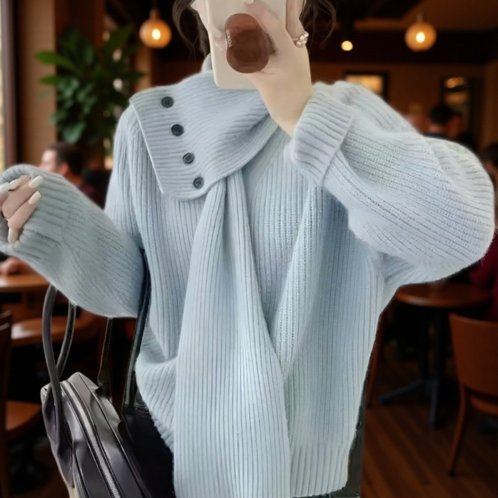 2025年新作 取り外し可能なスカーフ付きVネックセーター レディース 秋冬 ゆったりとしたハイエンドニットトップス