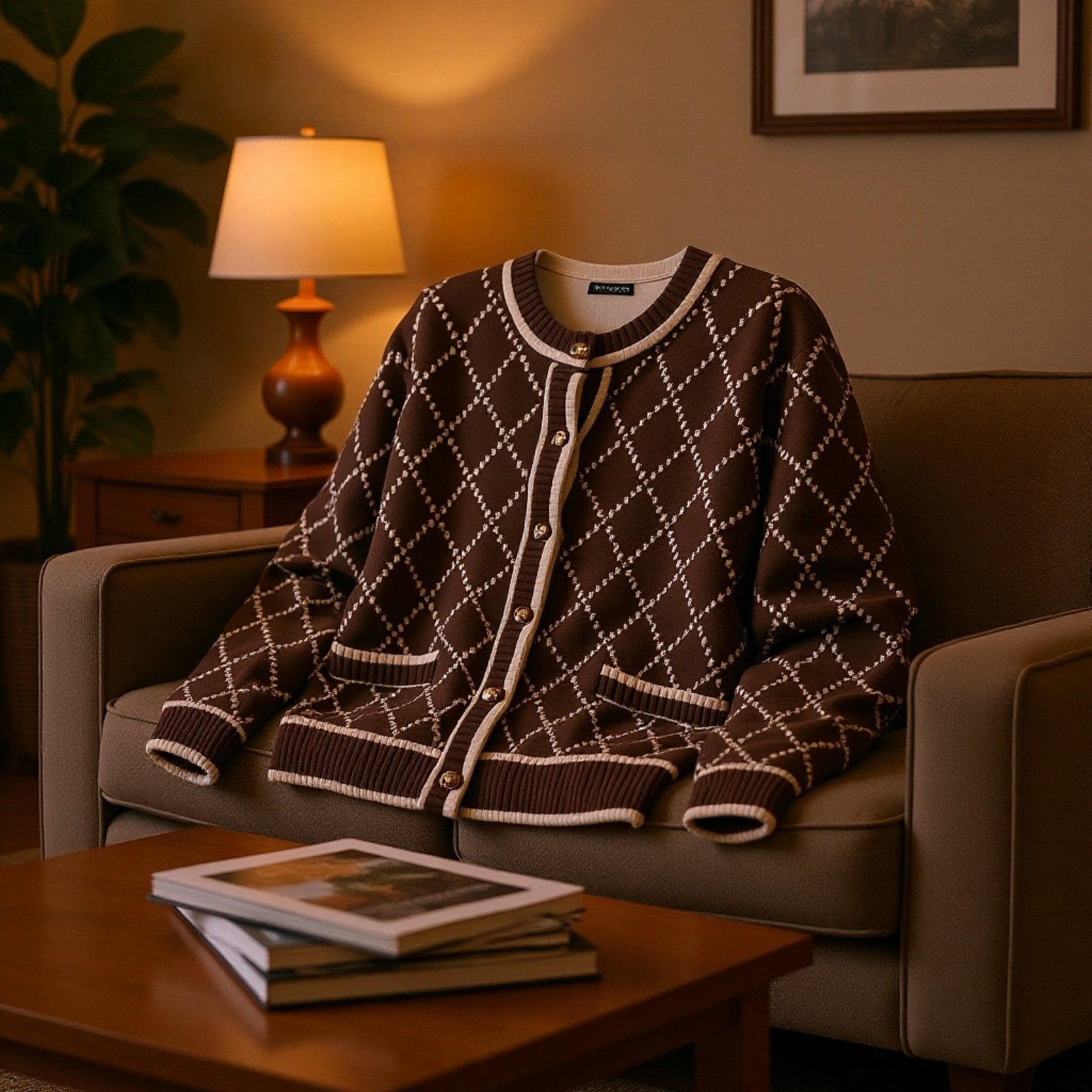 デザイン感のある女性用ニットカーディガン、ゆったりとした小衆スタイル