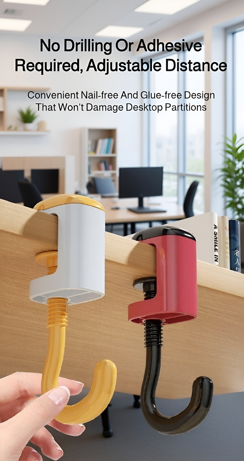 Easy installation of book bag hook on desk edge