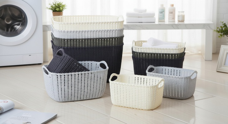 Laundry storage bucket in use for sorting clothes