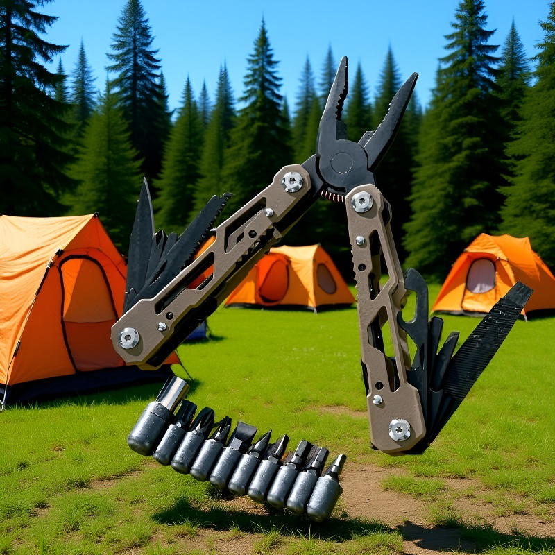 Multifunctional portable foldable stainless steel outdoor tool on camping table