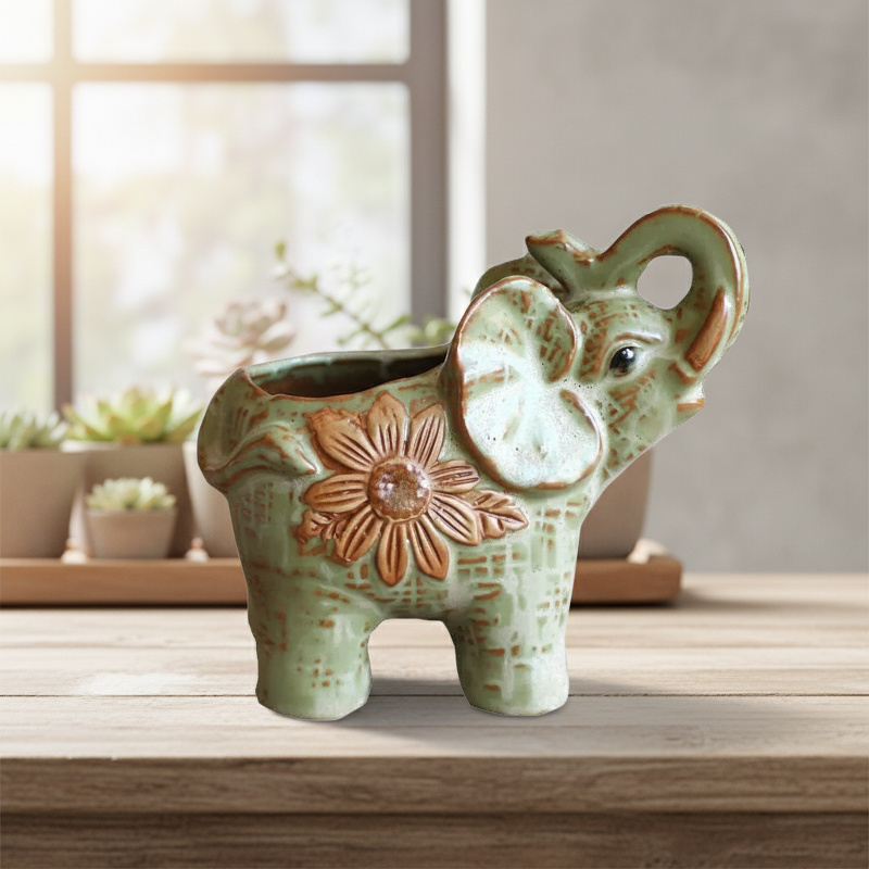 Lucky Elephant Ceramic Flower Pot for Succulents