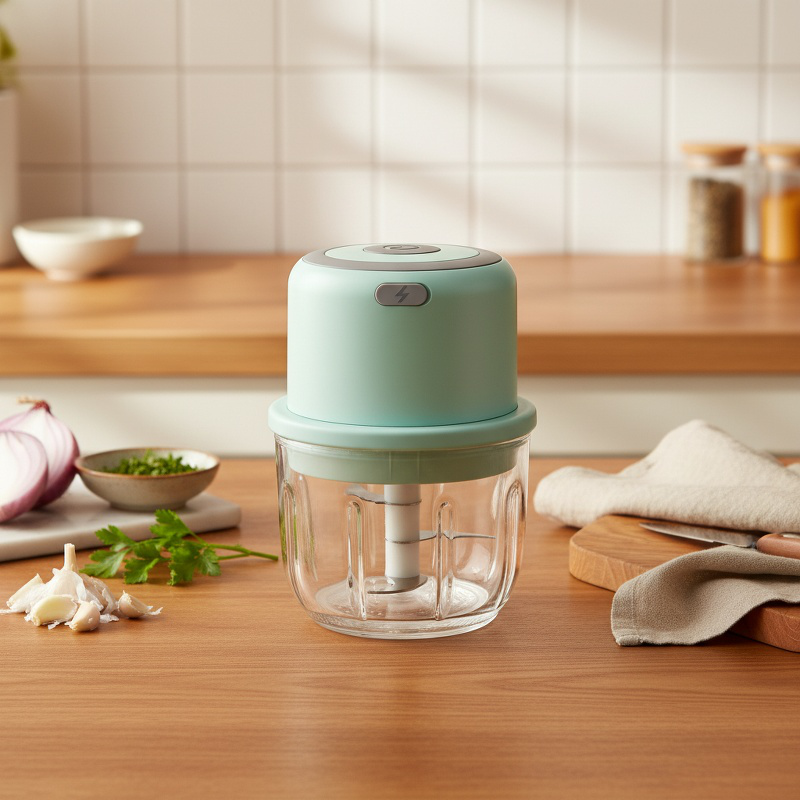 Compact electric food processor chopping vegetables