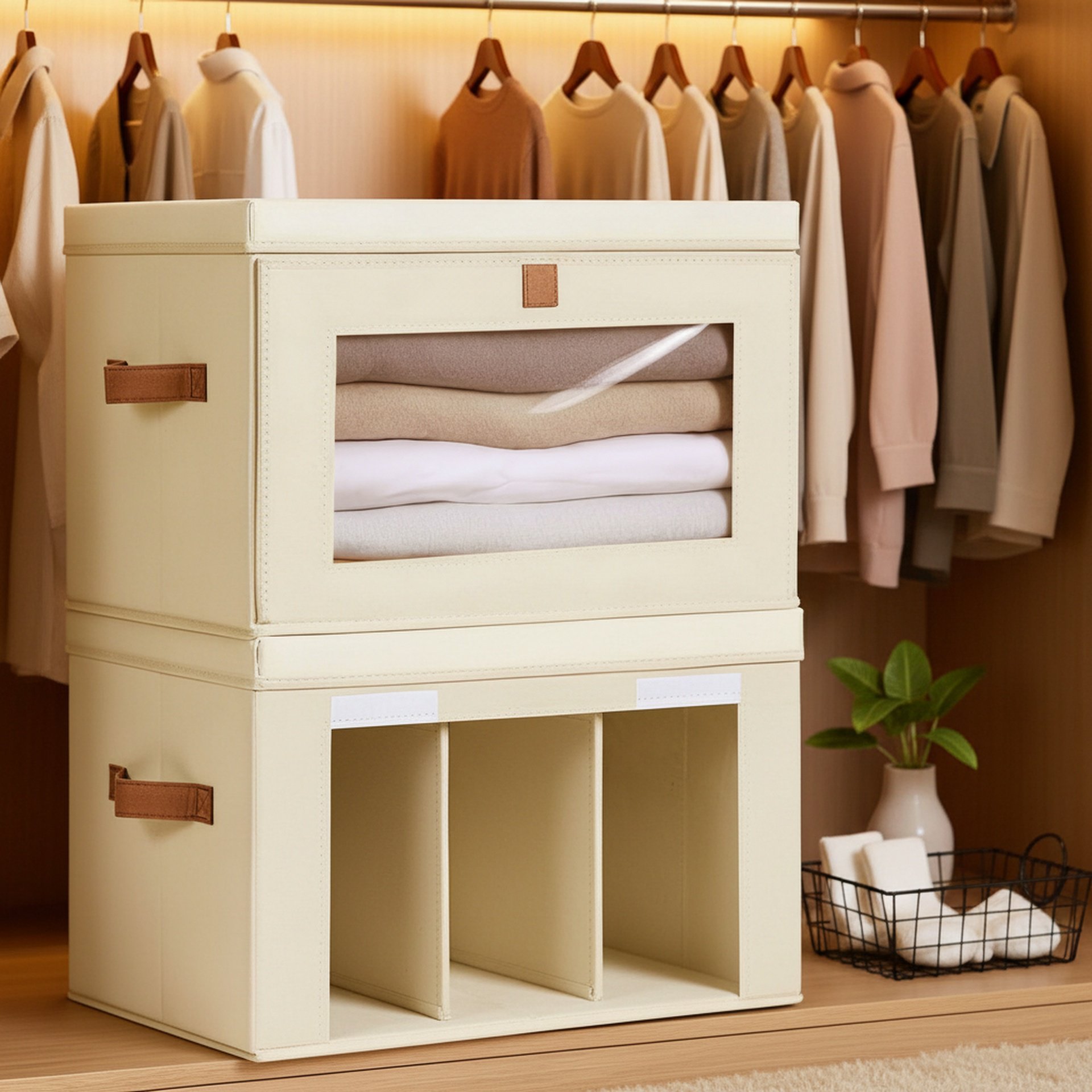 Side-opening fabric folding storage box with lid and transparent window, wardrobe clothing organizer