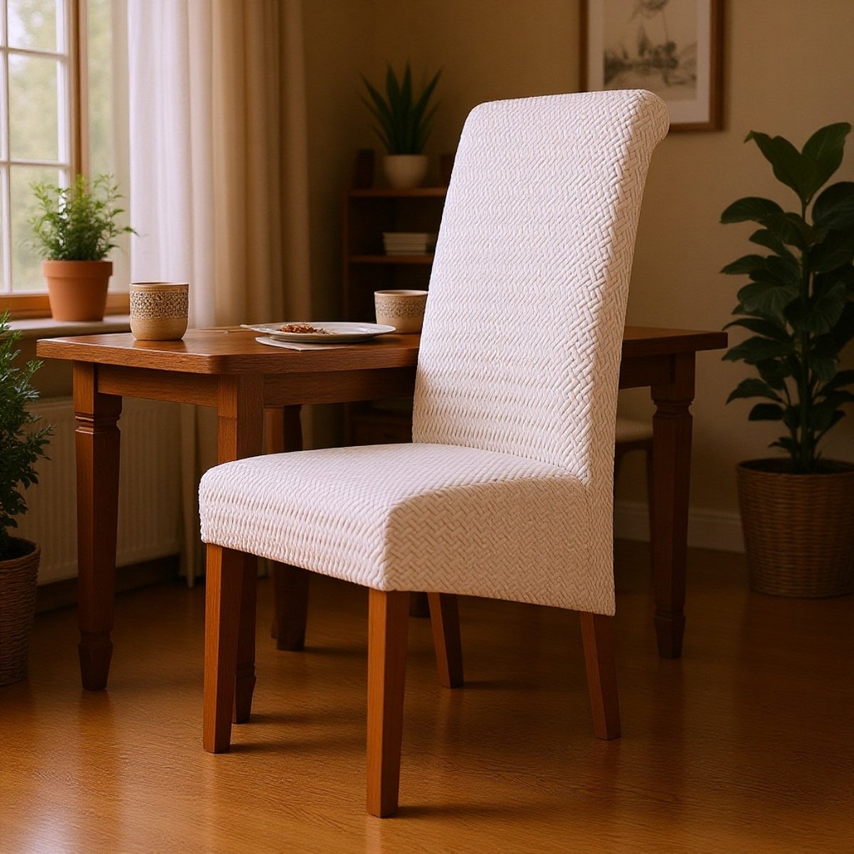 Chaise de salle à manger en tissu jacquard extensible, dossier haut, pour hôtel