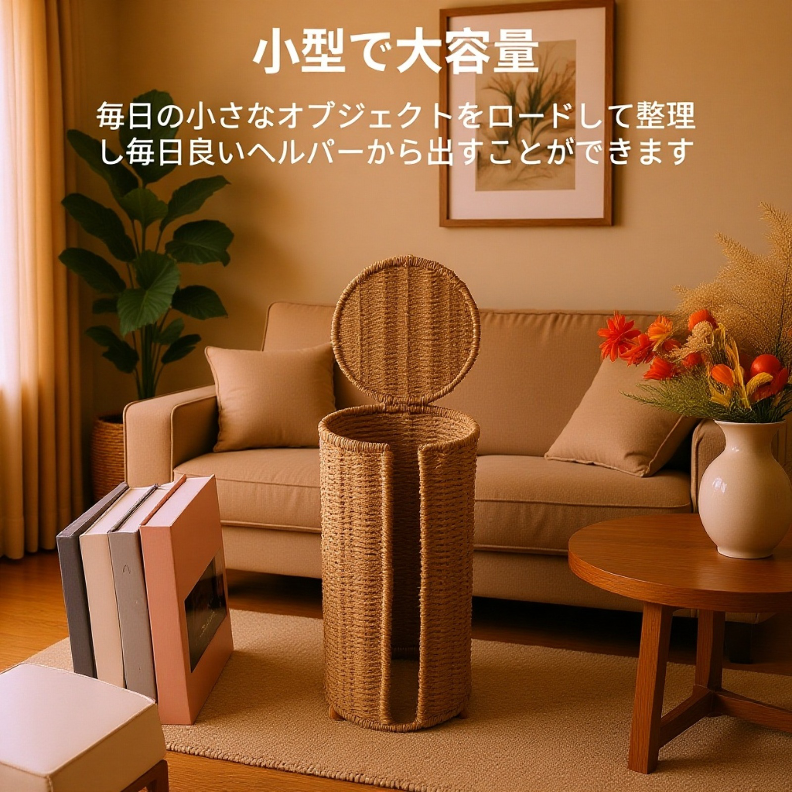 天然草編み丸型コーヒーカップ収納バスケット