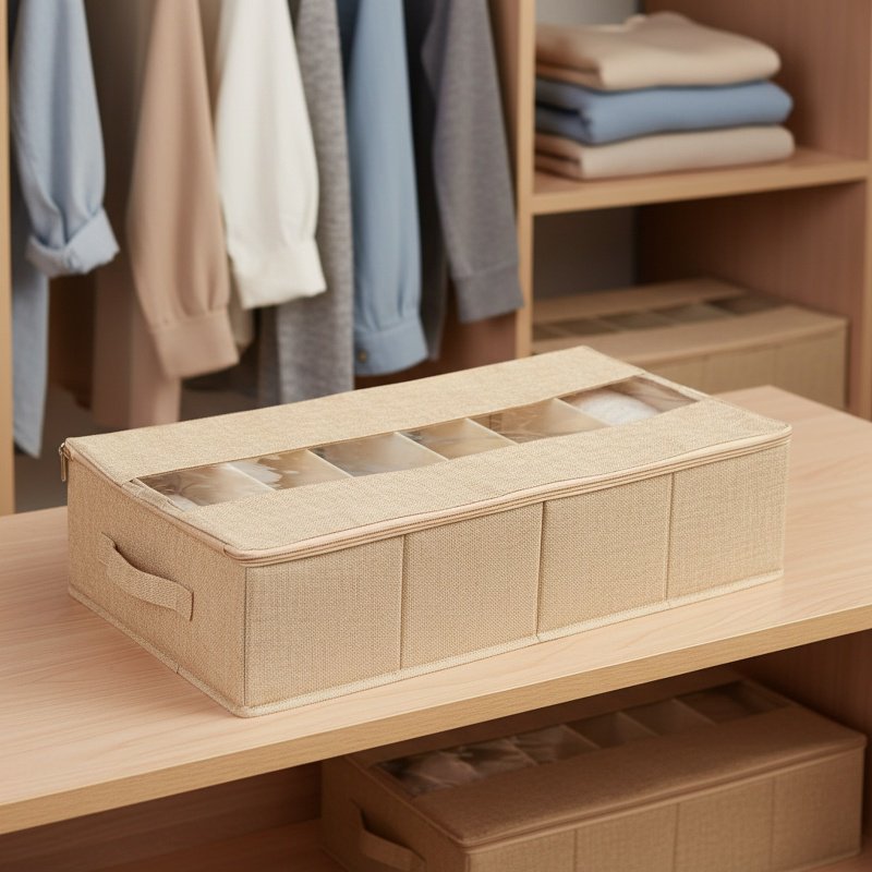 Under-bed storage box, foldable transparent fabric cover, for storing blankets, clothes, shoes, and 