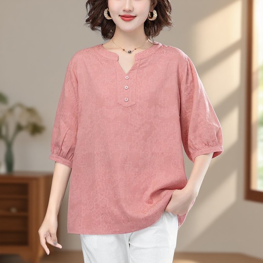 귀부인 중년 여성 엄마 반팔 블라우스 여 칼라 고급 린넨 덧장 빅 사이즈 면 마 상의 여름