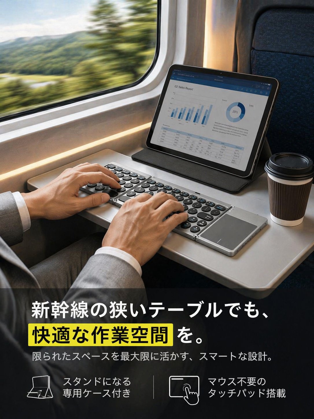 三つ折りケース型Bluetoothキーボードの全体画像
