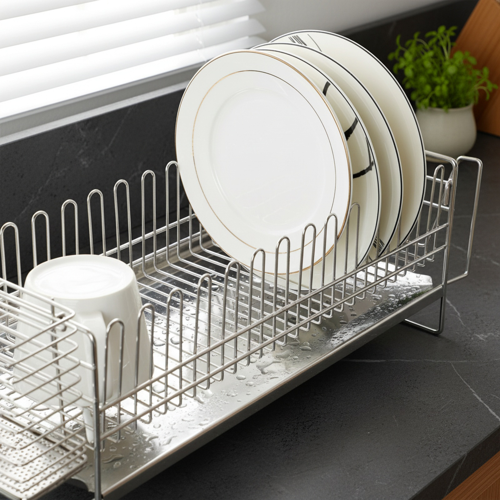 Escurridor de utensilios de cocina de acero inoxidable, para fregaderos estrechos