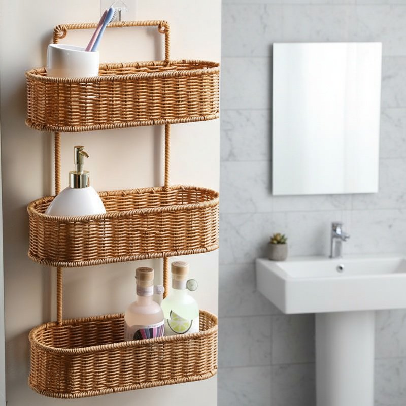 Imitation Rattan Style Bathroom Rack No-Drill Multi-Purpose Organizer
