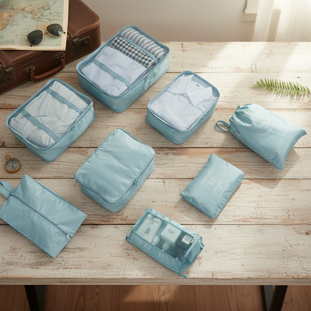 8pcs/set Packing Cubes For Suitcases, Travel Portable Clothes Storage Bags, Compression Storage Shoe