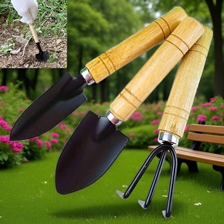 Rozsdamentes acél kompakt kerti szerszámkészlet ergonomikus fa nyéllel